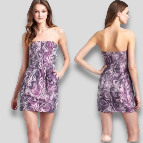 BCBG MAXAZRIA Y2K SHARKSKIN PURPLE PINK IRIDESCENT STRAPLESS MINI PARTY DRESS 6 - Picture 7 of 9